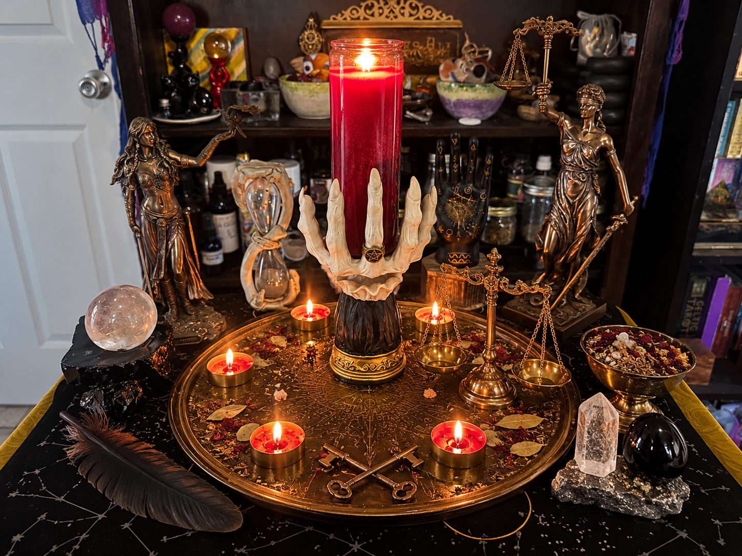 Example Justice Ritual altar arrangement with candles and scales