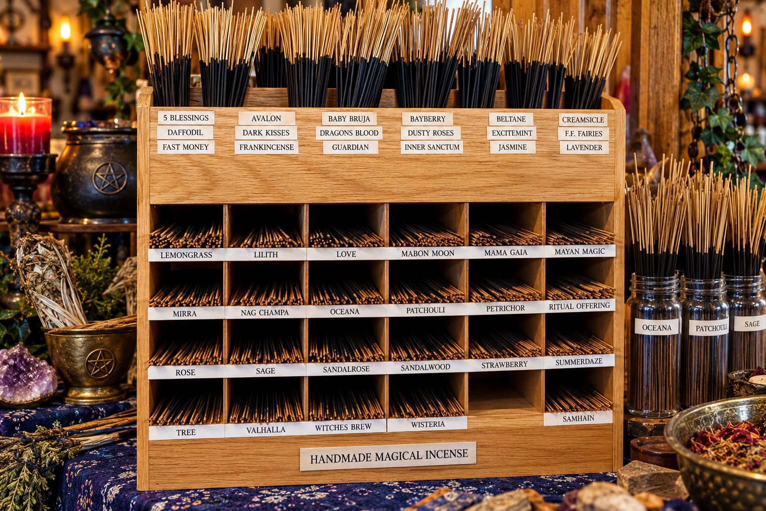 Display of hand-dipped incense sticks with black incense-coated ends and natural bamboo sticks